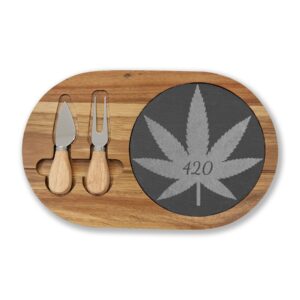 engraved 420 cannabis charcuterie board with slate insert & cheese knives