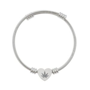 engravable heart cuff bracelet — heart charm with leaf engraving (silver or gold)